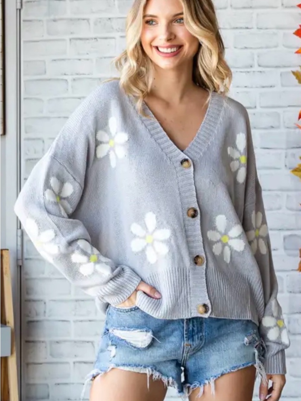 Light Gray Daisy Button-Up V-Neck Cardigan Sweater
